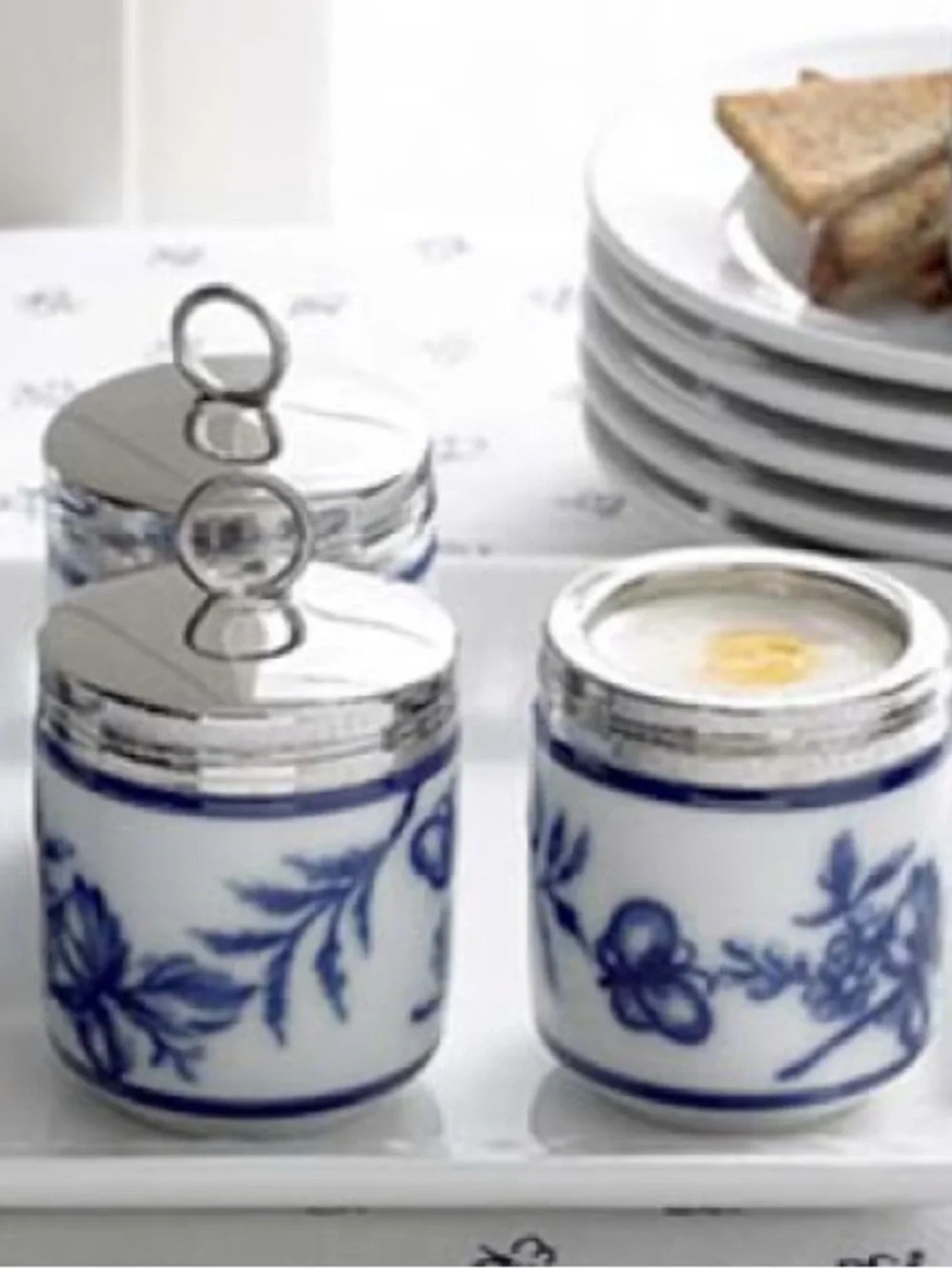 Williams Sonoma French Floral Blue and White Double Egg Coddler